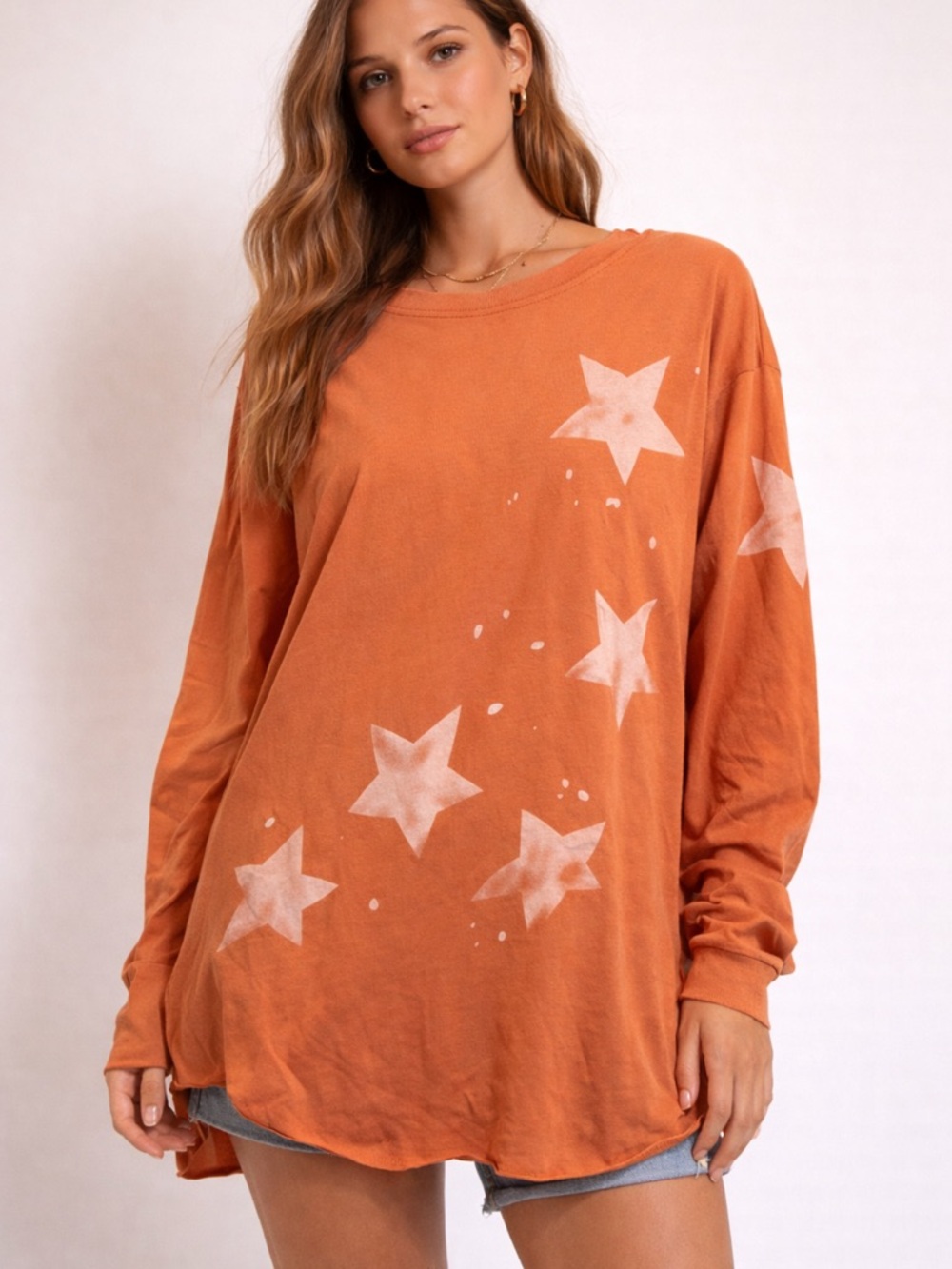 Easel Orange Star-Print Long Sleeve Top